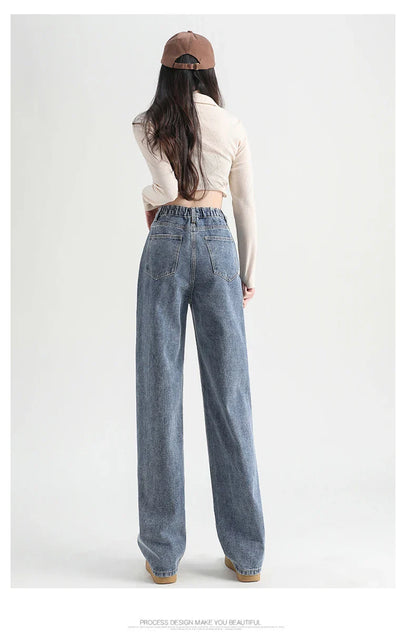 Woman Jeans Elastic High Waist Wide Leg Cotton Denim Clothing Blue White Streetwear Vintage Fashion Harajuku Straight Pants