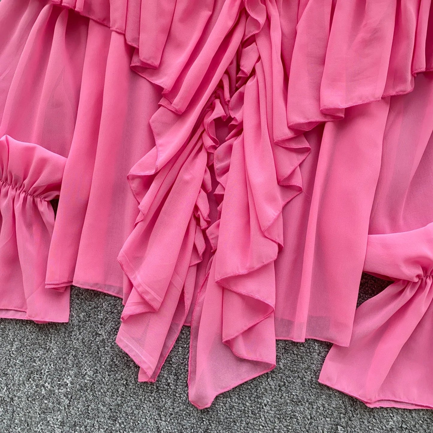Chic Ruffles Splice Chiffon Blouse V Neck Flared Sleeve Loose Tops 2025 Fashion Solid Fairycore Vacation Women Shirt