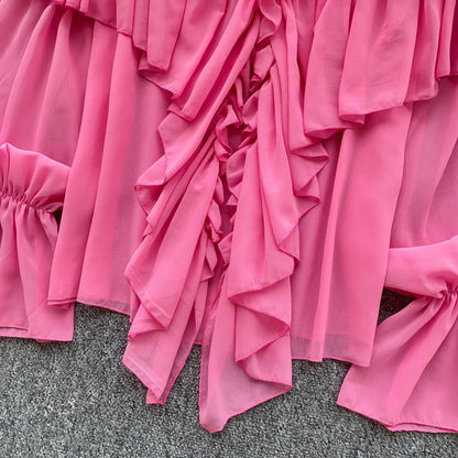 Chic Ruffles Splice Chiffon Blouse V Neck Flared Sleeve Loose Tops 2025 Fashion Solid Fairycore Vacation Women Shirt