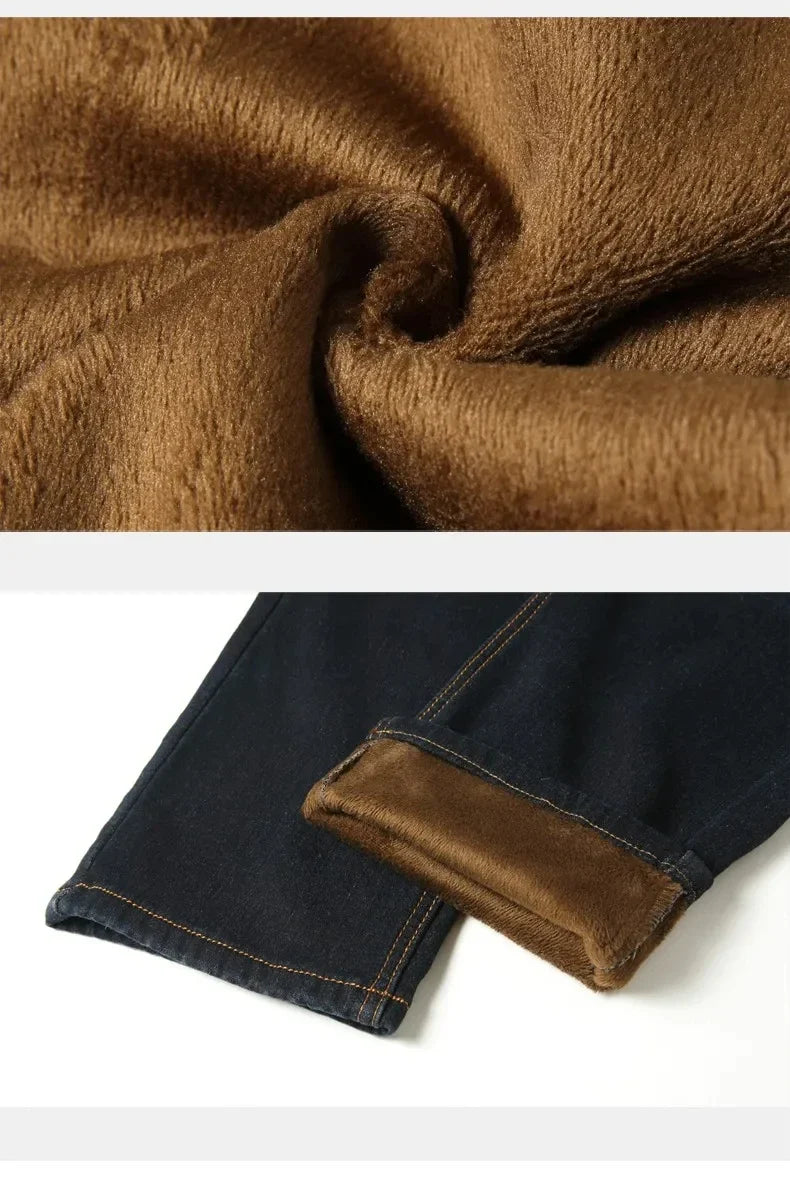 Men's Reflective Fleece-Lined Jeans - Thick Warm Lining, Durable Denim & Reflective Trim, Safe for Winter Night Commute & Casual