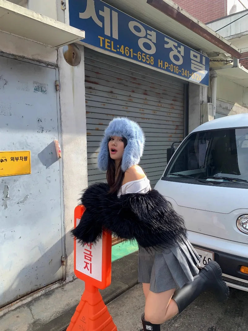 Korean Ins Imitation Mink Plush Hat Winter Women Ear Protection Bomber Hats Fashion Warm Fluffy Faux Fur Ski Beanies Y2k Gift