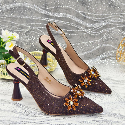 Olive-Green Pointed-Toe Women's High Heels Shoes and Bags for Party Rhinestone Evening Elegant Luxury Handbag