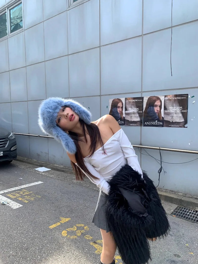 Korean Ins Imitation Mink Plush Hat Winter Women Ear Protection Bomber Hats Fashion Warm Fluffy Faux Fur Ski Beanies Y2k Gift