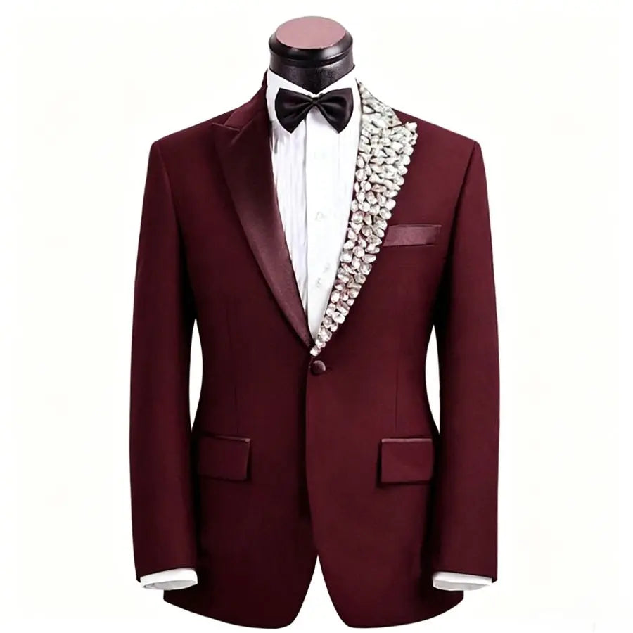 Luxury Beaded Formal Men Suits with Crystal 2 Pieces Wedding Tuxedo for Groom Slim Fit Prom Party Blazer Jacket Pants Set Outfit
