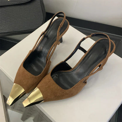 Street Style Sexy Pointed Toe Slingbacks Pumps Women Stripper Sandals High Heels Female Banquet Shoes Brown Kitten Heels