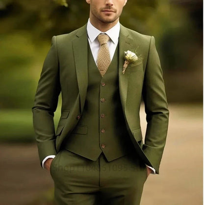 Green Mens Suits Casual 3 Pieces Slim Fit Notch/Peak Lapel Formal Wedding Groom Wear Blazer Tuxedos for Party(Blazer+Pants+Vest)