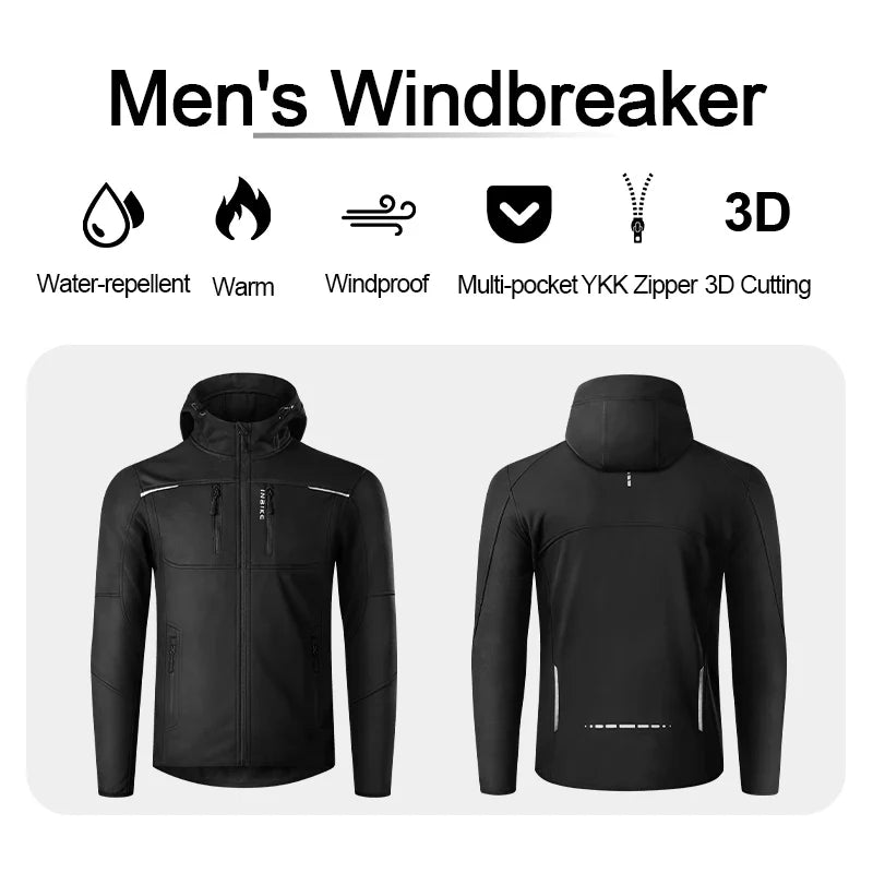 Men's Winter Cycling Jacket With Hood Warm Fleece Windbreaker Coat For Men Windproof Outdoor Man Cycling Clothing Hiking