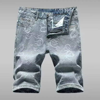 Men's Denim Shorts Overalls Chinese Loong Printed Simple Pants Blue Shorts Spring and Summer
