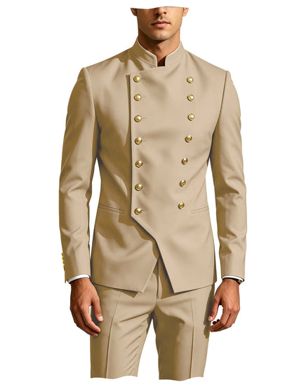 Men's Double Breasted Stand Collor Suit 2 Pieces Blazer Pants Set Slim Fit Business Casual Suit Jacket Formal Wedding Tuxedo