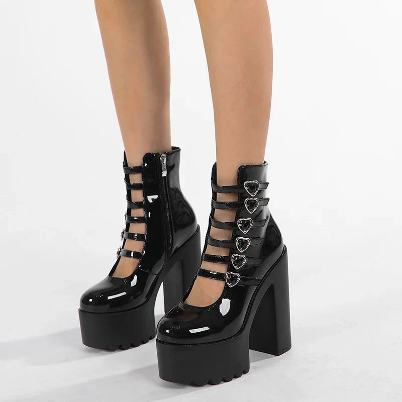 Block Heels Pumps for Women Fashion Multi Buckle Strap Heart Design Dress Shoes Side Zipper High Heels Mary Jane Shoes