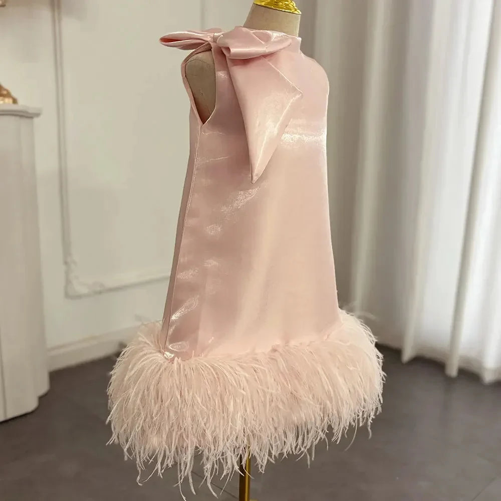 Customized Pink Flower Girl Dresses For Wedding Satin Feather With Bow Princess Birthday Party First Communion Pageant Ball Gown