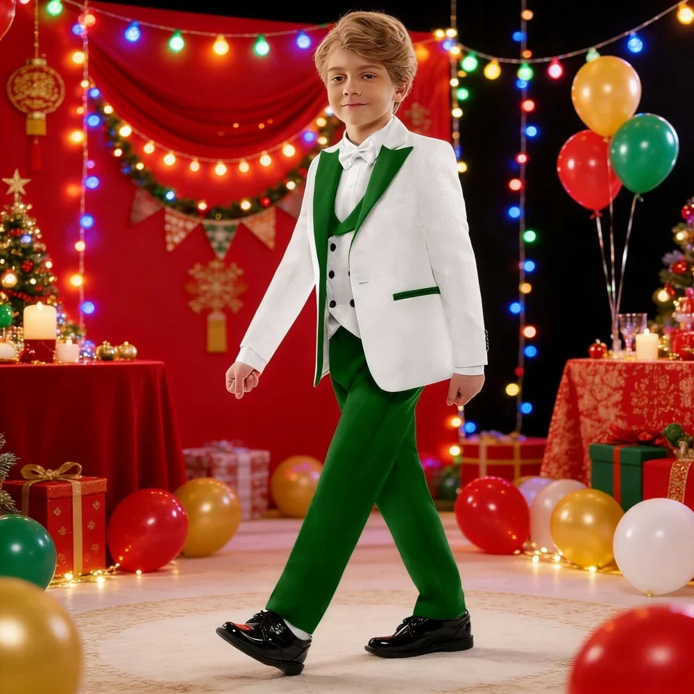 Jacquard High Quality Boys Formal Suit Set 4 Pieces Christmas Party Wear Peak Lapel Kids Slim Fit Suits Wedding Guest Clothes