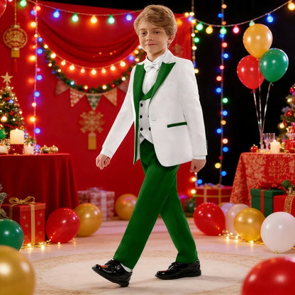 Jacquard High Quality Boys Formal Suit Set 4 Pieces Christmas Party Wear Peak Lapel Kids Slim Fit Suits Wedding Guest Clothes