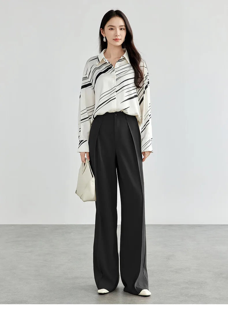 Women's Tailored Trousers Formal Solid High-waist Folds Twill Workwear Pockets Full-length Pants 2026 Spring 151K57704