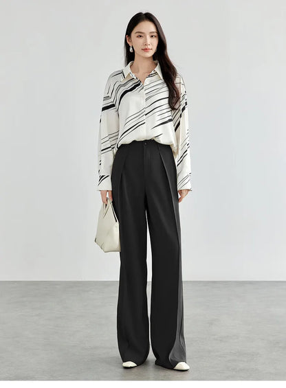 Women's Tailored Trousers Formal Solid High-waist Folds Twill Workwear Pockets Full-length Pants 2026 Spring 151K57704