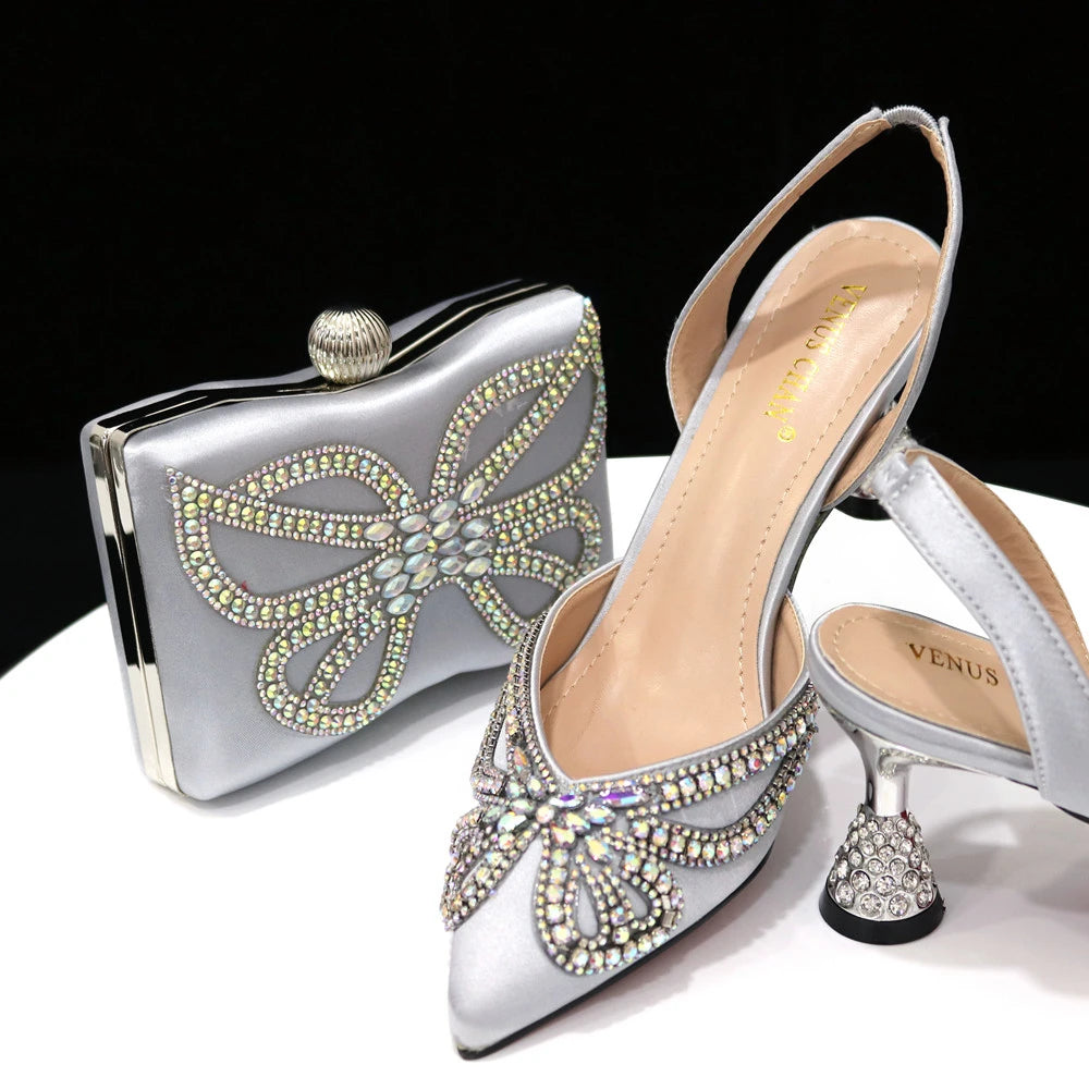 New Elegant Green Bling Bow Pointed Toe Pumps for Women 2024 Party italian Rhinestones shoes and bags matching set