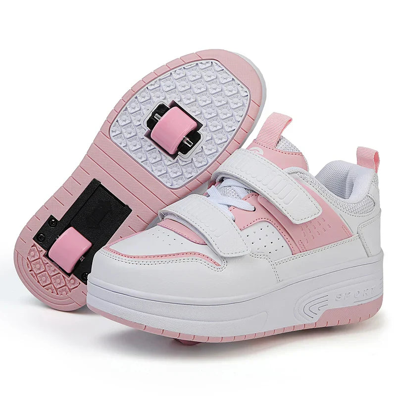 Autumn 2025 Kids Walking Shoes Detachable Double Wheel Roller Skates Boy Leather Student Shoe Four Wheeled Children Shoes Girl