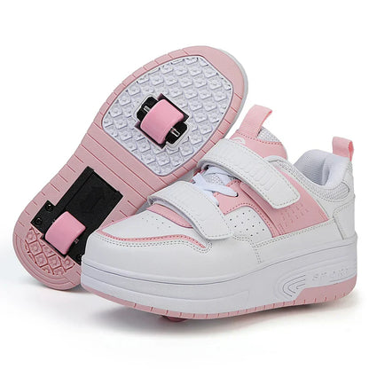 Autumn 2025 Kids Walking Shoes Detachable Double Wheel Roller Skates Boy Leather Student Shoe Four Wheeled Children Shoes Girl