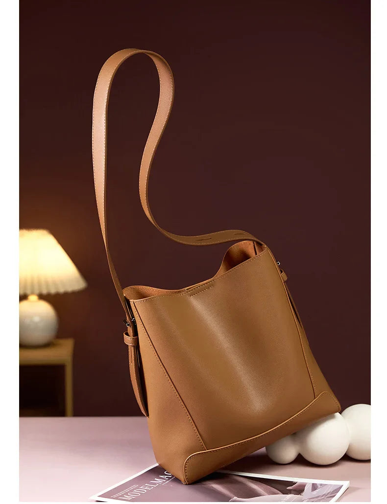 Ladies' Split Leather Bucket Shoulder Bags Female Commute Shopping Messenger Bags Adjustable Shoulder Strap Women Casual Handbag