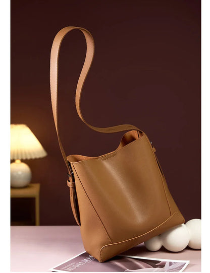 Ladies' Split Leather Bucket Shoulder Bags Female Commute Shopping Messenger Bags Adjustable Shoulder Strap Women Casual Handbag