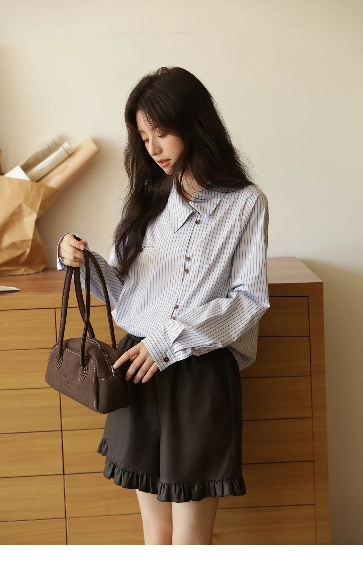 Women's Striped Asymmetric Shirt 2025 Autumn New Arrival Vintage Loose Long Sleeve Tops Commuter Woman Clothes MXE42C2375