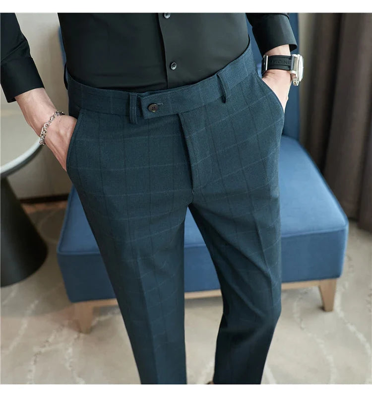 2026 Classic Men's Slim Fit Plaid Striped Casual Pants Fashion Business Slim Fit Suit Pants Formal Groom Wedding Dress Trousers