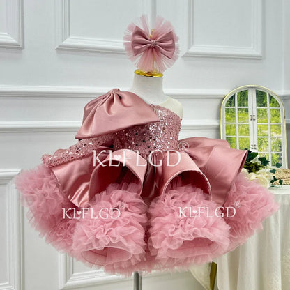 Gorgeous and Elegant Girls Dress Satin Bow Girls High-End Party Evening Dress Exquisite Baby Girl One-Year-Old Clothing