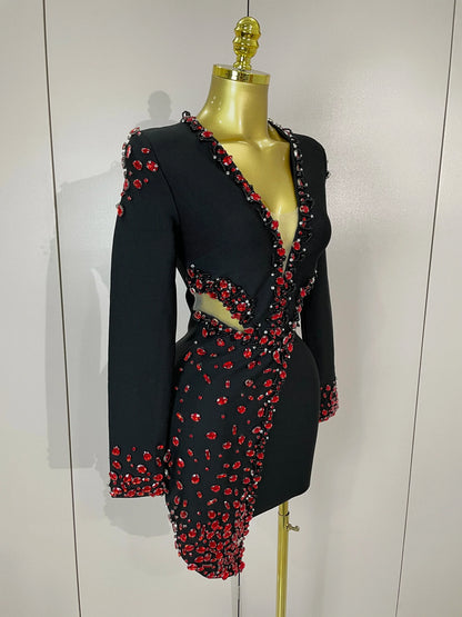 Women Celebrity Sexy Long Sleeve V Neck Rhinestone Black Bandage Dress 2025 Elegant Evening Club Luxury Birthday Party Dresses