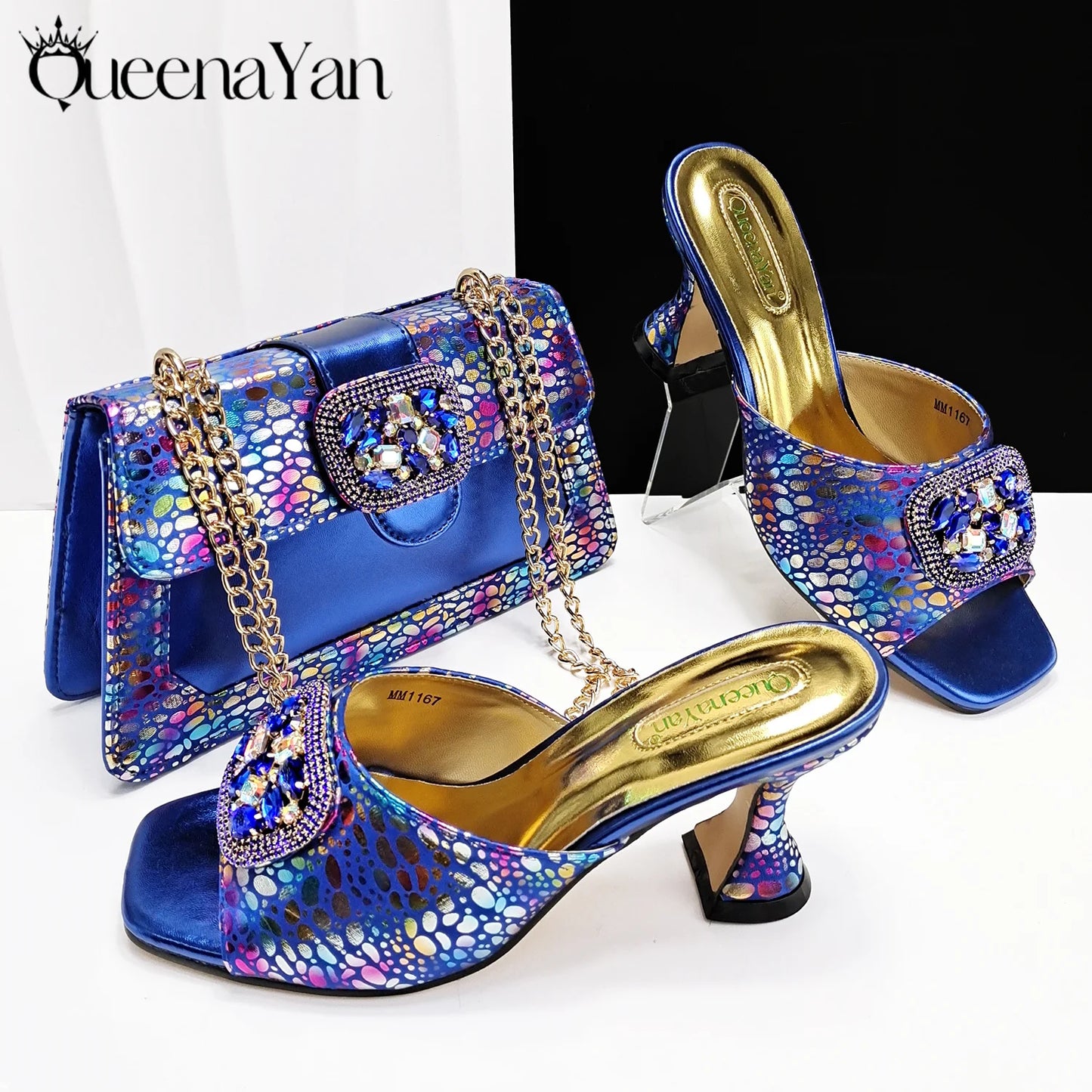 Italian Fashion Design Shoes and Bags Matching Set 2025 Peep Toe High Heels Blue Color Rhinestones Women Shoes for Party