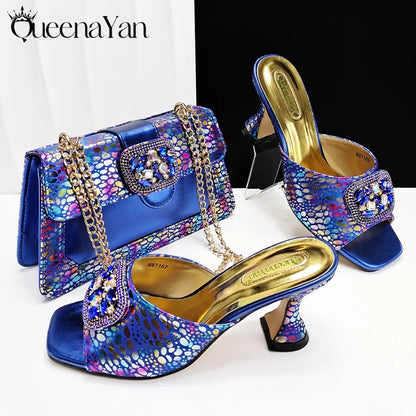 Italian Fashion Design Shoes and Bags Matching Set 2025 Peep Toe High Heels Blue Color Rhinestones Women Shoes for Party