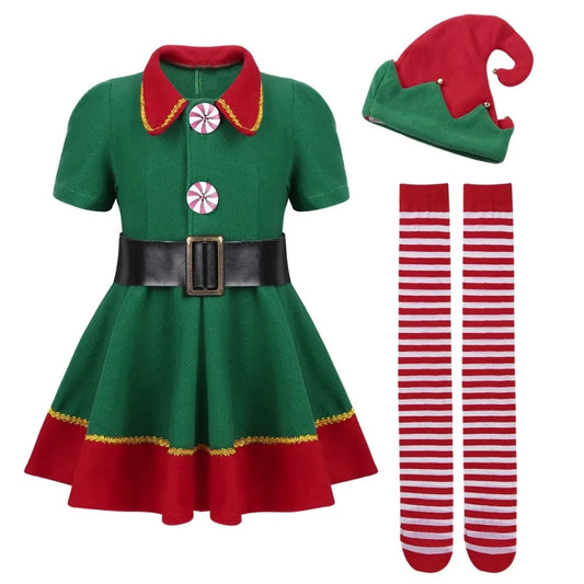 2025 New Christmas Children's and Adult Christmas Elf Costumes, Santa Claus Green Elf Costumes, Cosplay Halloween Costume Set