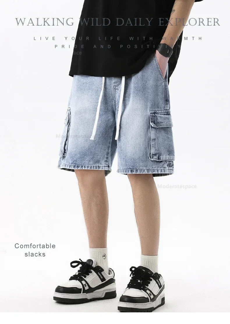 Summer Retro Fashion Denim Shorts for Men Loose Straight Leg Multi-pocket Short Jeans With Elastic Waist and Drawstring Male
