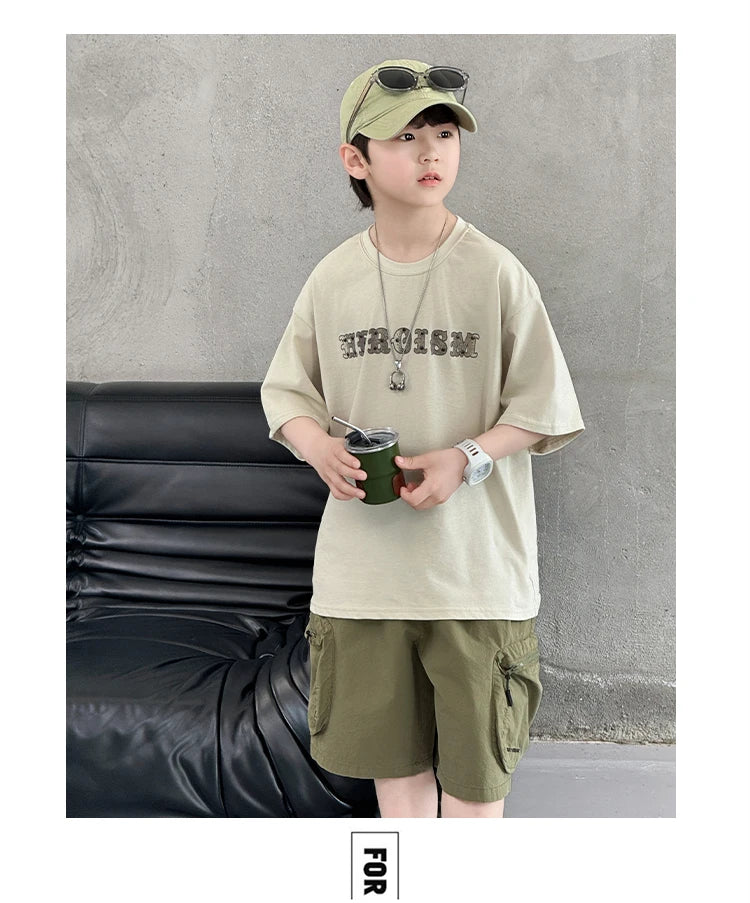 New Summer Korean Children Fashion Suit for Teen Boy Cotton Top And Bottom Set Kids Casual Tshirt Shorts 2PCS Clothing Set 7-16Y