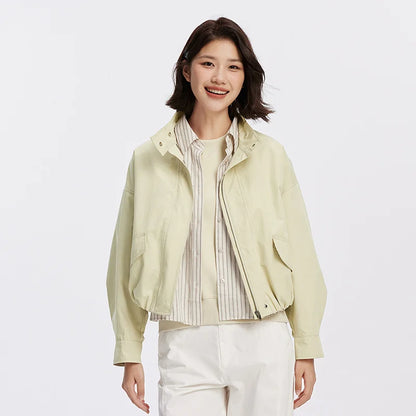 Women Jacket Solid Stand Collar Bubble Hem Oversize Dropped Shoulder Casual Style Autumn Outerwear Daily Wear 2026