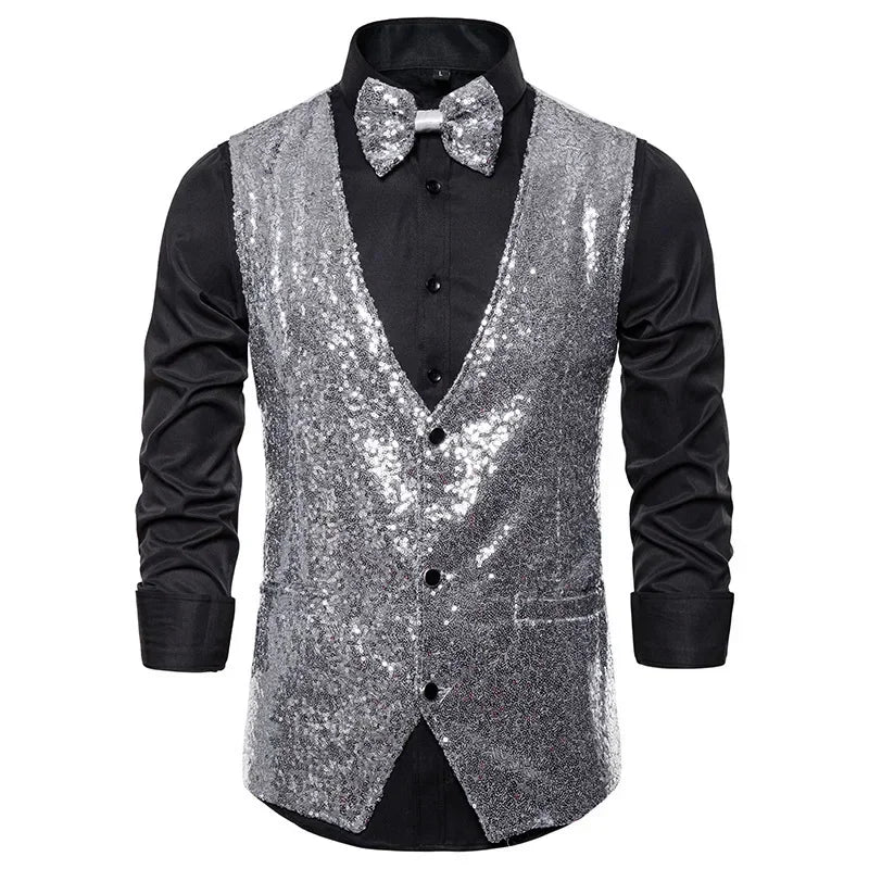 2026 Men's Shiny Gold Sequin Glitter Embellished Blazer Waistcoat Night Club Blazer Wedding Party Waistcoat Stage Singers Vest