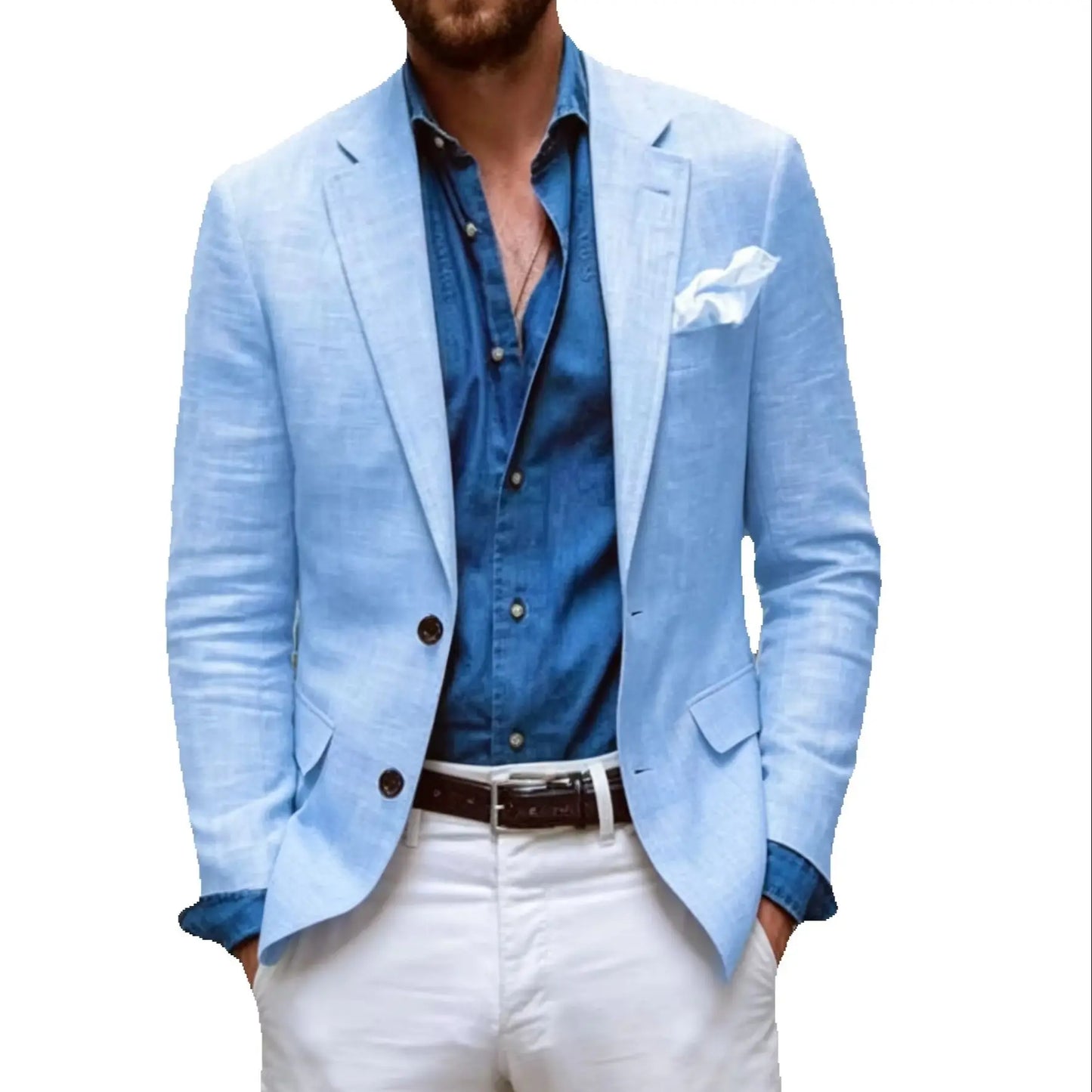 Blue Linen Men Suit Jackets Casual Notch Lapel Tops Summer Beach Slim Fit Suits Blazer Party Prom Wedding Business Suits Coat