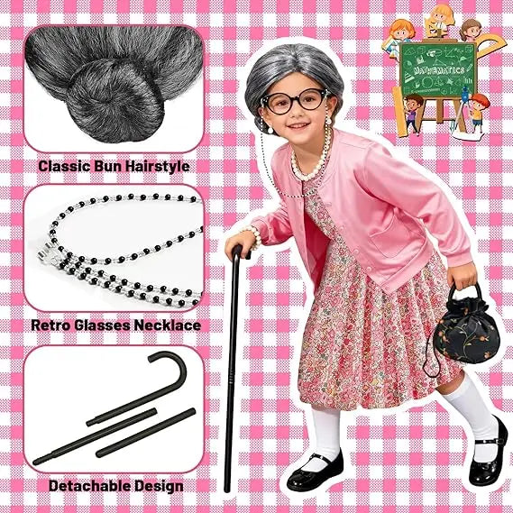 Baby Girl Celebrating 100th School Days Funny Cosplay Costumes Dress Granny Girl Cosplay Floral Old Lady Dress Up With Cane