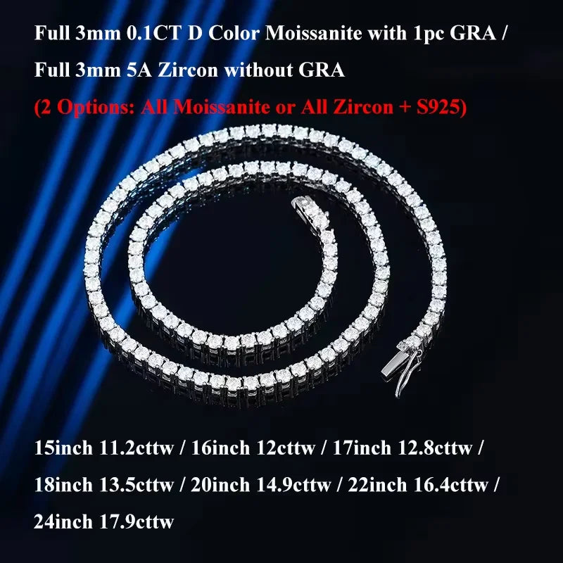 Real 2.5/3/4/5mm Full Moissanite Tennis Necklace for Women 925 Sterling Silver Diamond Neck Chains Necklaces Fine Jewelry