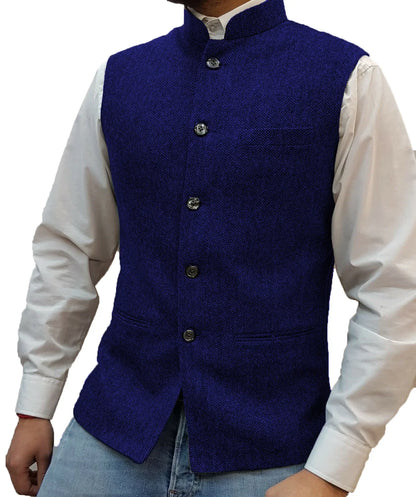Mens Retro Vest Herringbone Wool Blended Smart Casual Stand Collar Single Breasted Waistcoat Adjustable Buckle Men's Suit Vest