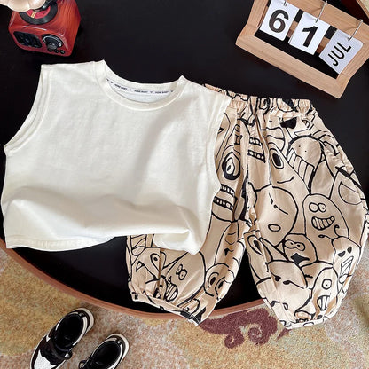Summer Baby Boy Cartoon Graffiti Clothes Sets Children Fashion Sleeveless Top Shorts 2Pcs/Set Toddler Casual Suits Kids Clothing