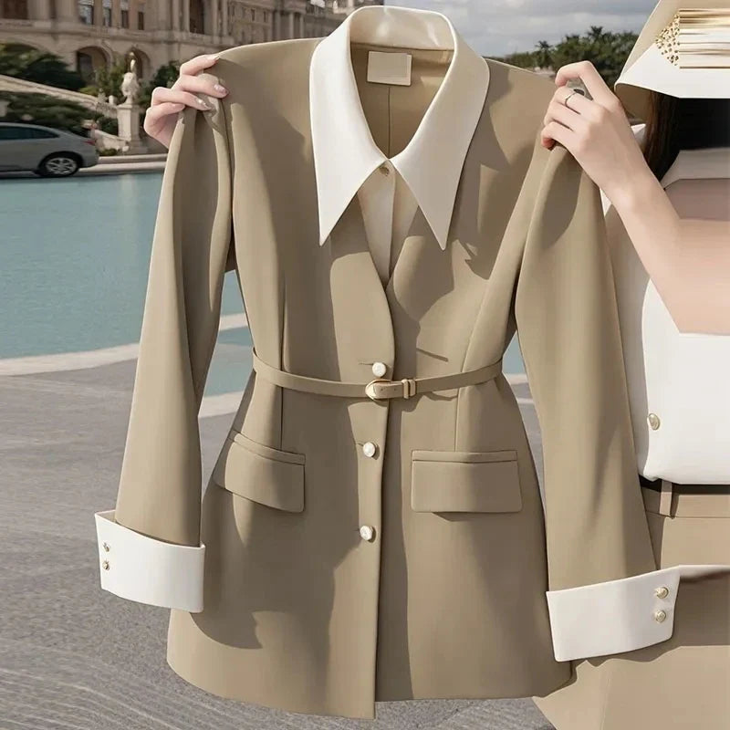 Women's Suit Coat 2025 Spring Autumn Advanced Popular Ladies  Blazer Jacket Casual Fake Two Items Temperament Lady Outerwear