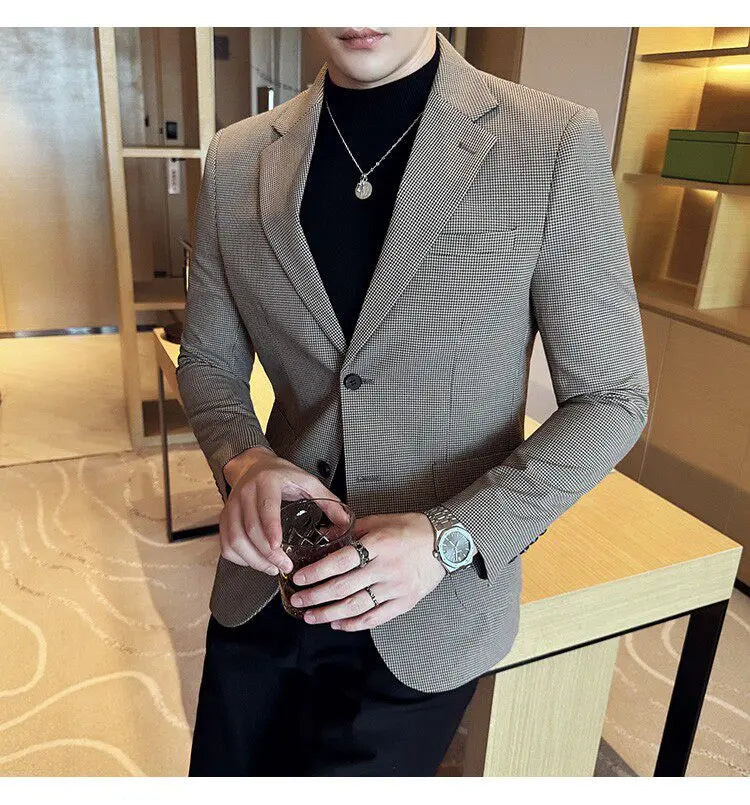 Korean Vintage Elegant Men's Business Slim Fit Suit Jacket 2026 New Fashion Lapel Single Breasted Men Social Party Dress Coats