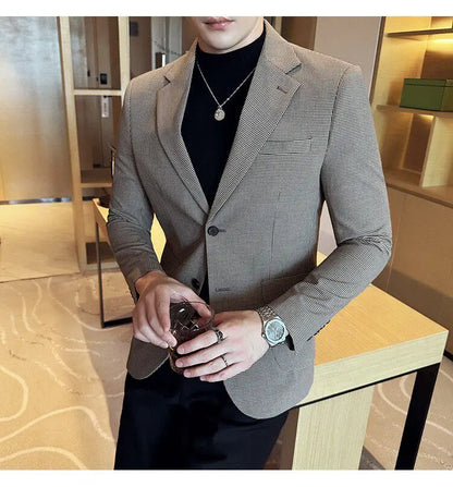 Korean Vintage Elegant Men's Business Slim Fit Suit Jacket 2026 New Fashion Lapel Single Breasted Men Social Party Dress Coats