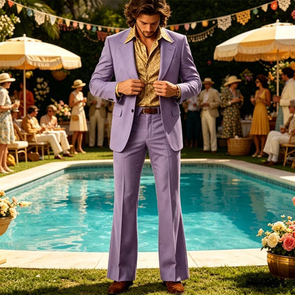 Retro Men's Linen 3 Piece Notch Lapel 2 buttons Jacket Flared Trouser Breathable Elastic for Casual Beach Wedding Groom Tuxedo