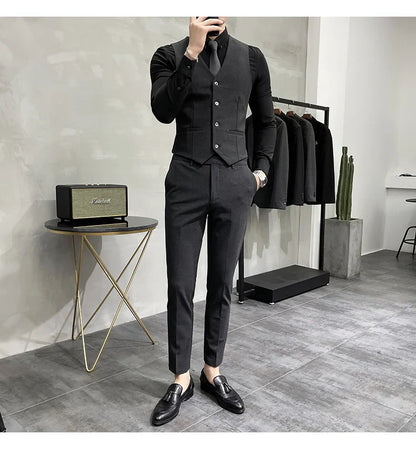 Blazer Vest Pants Men's Navy Blue Suit Set Slim Fit Blazer Vest Pants Formal Outfit for Business Wedding Office Groom Party