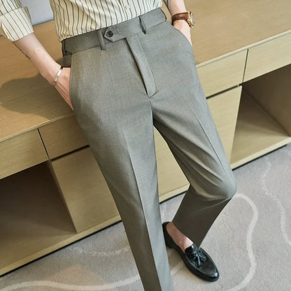 British Style Elastic Waist Men's Casual Slim Fit Trousers Summer High Quality Business Office Dress Wedding Party Suit Pants