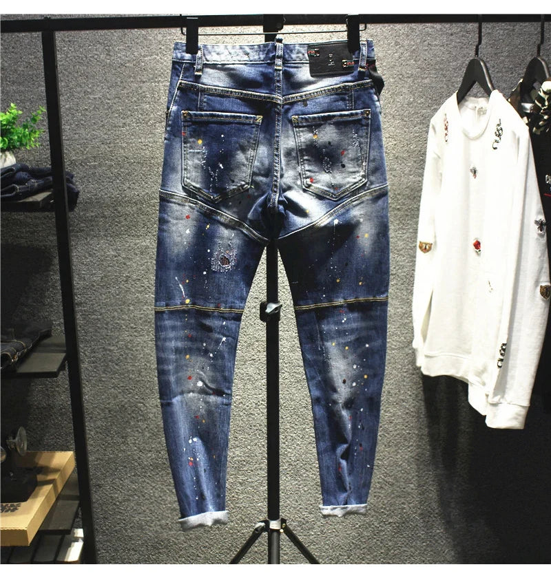 Street Fashion Men Jeans Retro Blue Stretch Slim Fit Spliced Ripped Jeans Men Painted Designer Hip Hop Vintage Denim Pants Homme