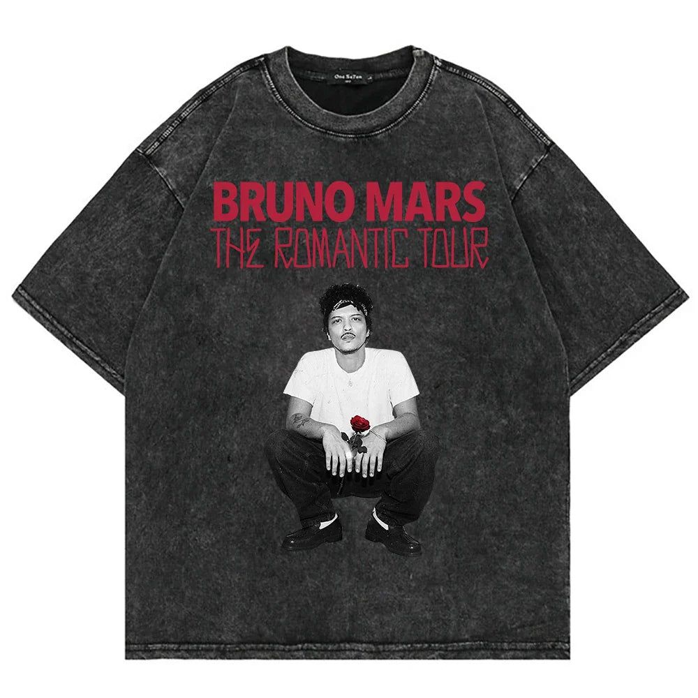 100% Cotton Vintage Washed Bruno Mars The Romantic Tour 2026 T Shirt Fashion Men/Women Retro Oversized Loose Acid Wash Tee Shirt