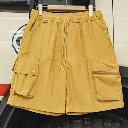 Outdoor Yellow Cargo Shorts Men's Summer Quick-Dry Lightweight Sports Shorts with Drawstring Waist Multi-Pocket Bottoms