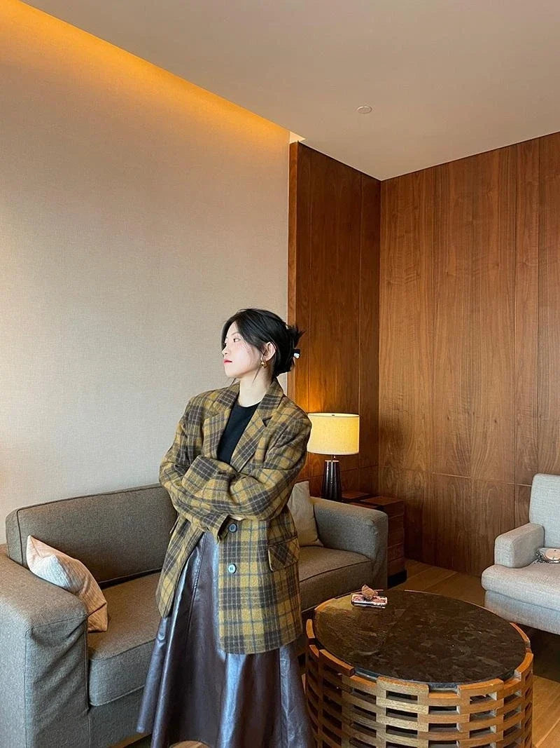 Women's Mid-Length Plaid Wool Coat 2025 Autumn Winter Arrival, Korean Style Warm Blazer, Trendy Yellow Brown Checkered Jacket